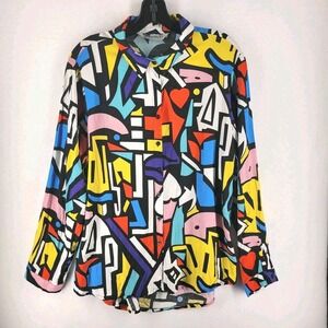 Vintage 90s Big Dart Op Art Blouse Women's 16 Abstract Pop Art Button Front